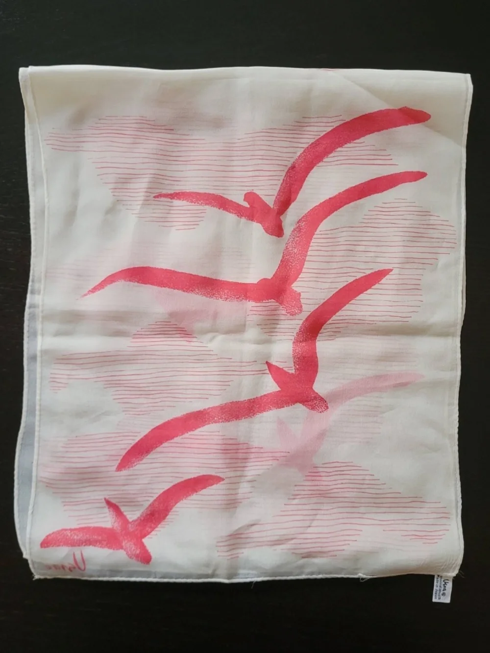 Vera Neumann Silk Blend Scarf: Pink Birds Clouds, Rectangle, Made in Japan